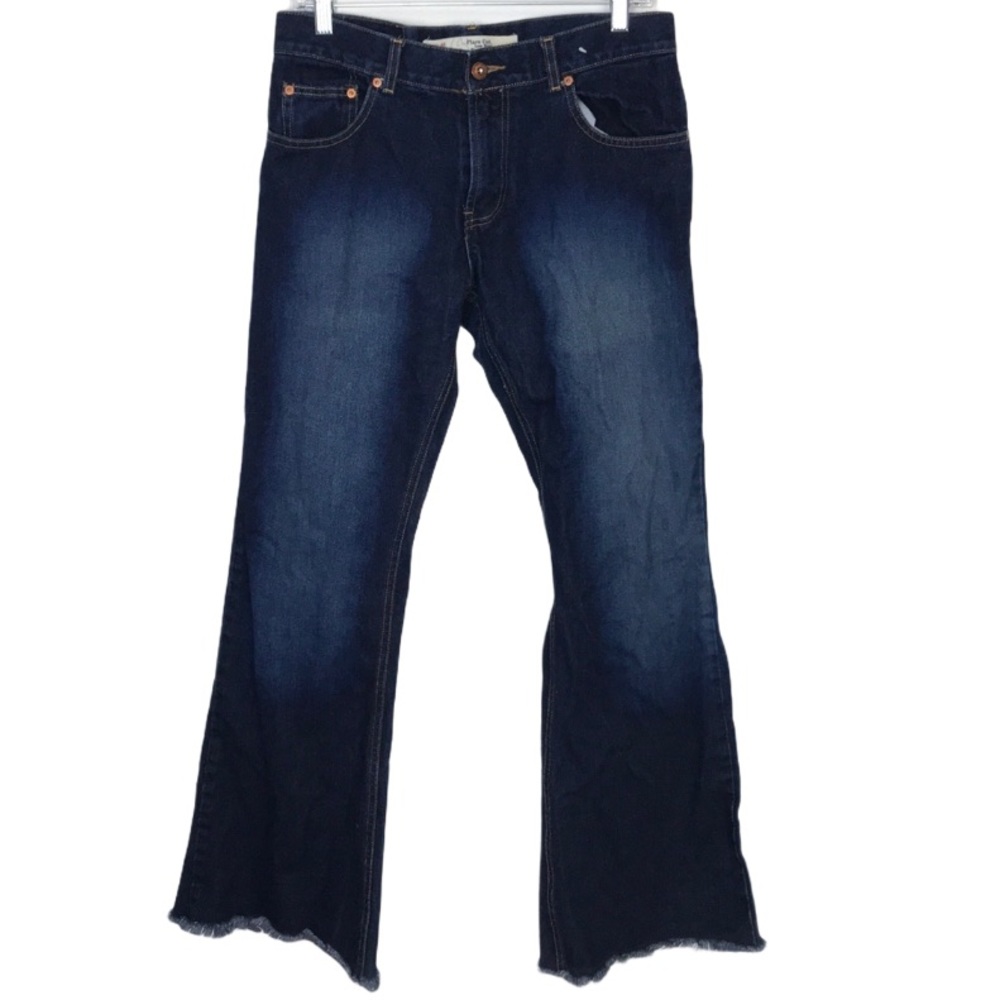 Zara Flare Cut Zip Fly Jeans Raw Hem Dark Wash